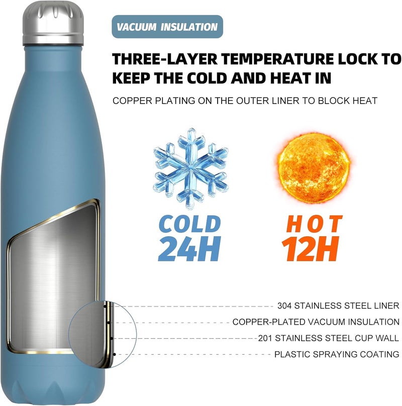 WATERSY Stainless Steel water bottles,17oz/500ml Insulated Water Bottles,Smog Blue metal water bottle Keeps Drink Cold and Hot,BPA Free kids water bottles for School,Gym,Travel,Sports - Image 2